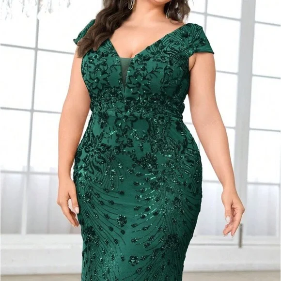 Luxe V neck sequin formal evening party dress